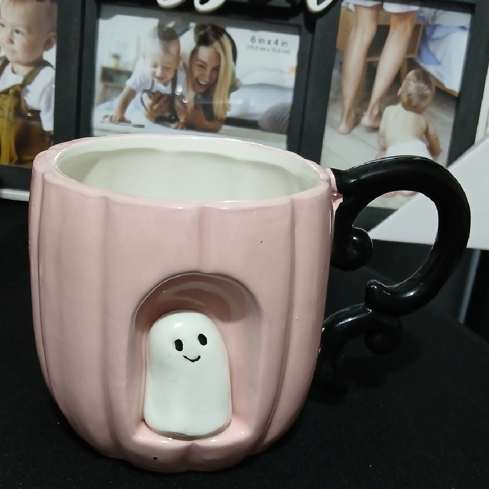 Pink Ghost Mug with Black Handle